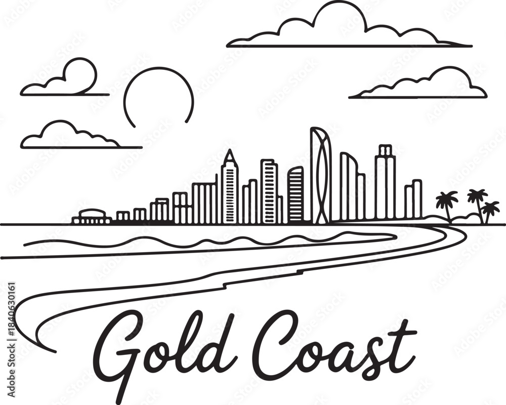 Obraz premium Continuous Line Art of Gold Coast Skyline from Beach View Minimal Outline Illustration