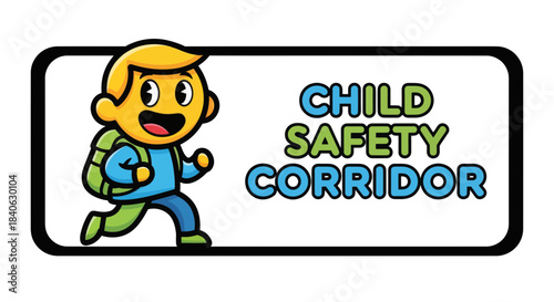 Cartoon Youngster Running with Backpack in a Child Safety Corridor with Signage