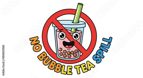 Cartoonish Bubble Tea Prohibition Sign, Preventing Spills with Delightful Illustration