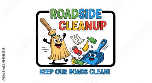 Cartoonish Roadside Cleanup Promoting Litter Reduction Through Community Volunteering