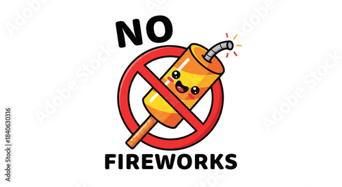 Cartoonish Prohibition Sign Featuring A Cute Firework Mascot With A Red Circle Symbol