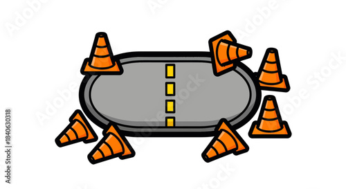 Cartoonish Roadway With Safety Cones Depicting Caution and Directing Movement