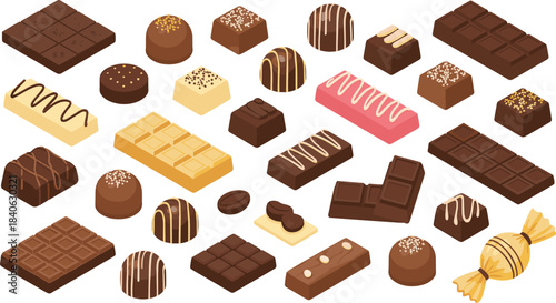 Flat isometric illustration of assorted chocolate candies and bars, sweet dessert treats, confectionery collection, cocoa products, delicious food background design