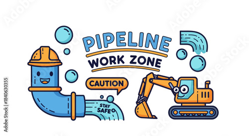 Cartoonish Pipeline Work Zone: Construction Warning With excavator and Water Flow Illustration
