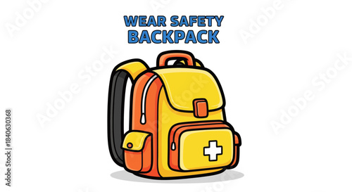 Cartoonish Safety Backpack Emblem Depicting Vital Emergency Provisions And First-Aid Equipment