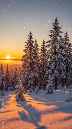 sunset in winter, landscape, snow