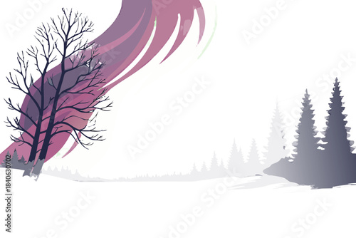 Northern sky landscape with vivid aurora colors, snowy ground reflections, and subtle star details, transparent background.