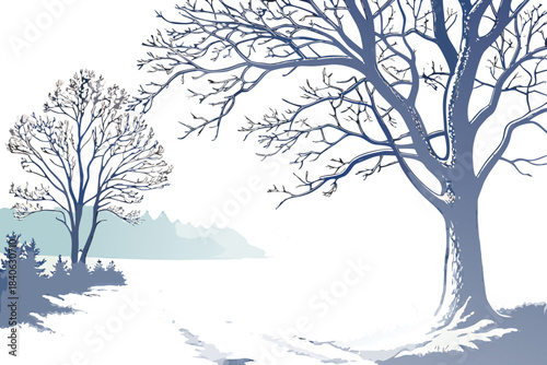 Realistic snowy landscape with soft blue shadows, pastel sky gradient, and frosty tree details, transparent background.