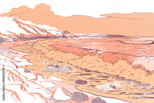 Realistic sunset coast with vibrant orange-pink sky, textured ocean waves, and soft rocky shoreline details, transparent background.