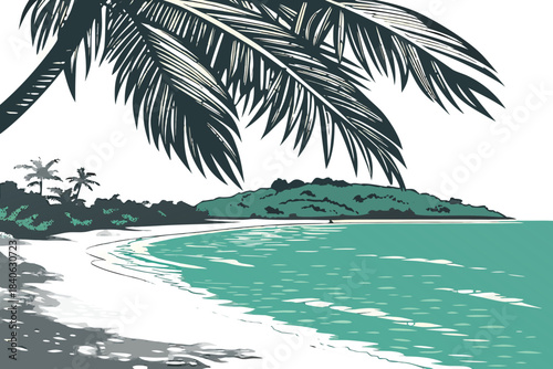 Tropical island with turquoise water, detailed palm leaves, glowing sunlight reflections, and soft sandy textures, transparent background.