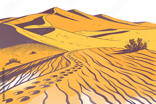 Colorful desert landscape with golden sand dunes, blue sky, long shadows, and textured dune ripples, transparent background.