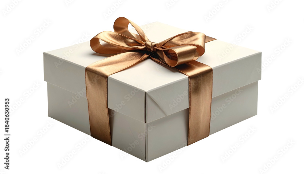 Fototapeta premium A square, off-white gift box tied with a gold ribbon and bow, isolated on a black background