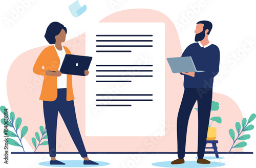 Business text writers - Two businesspeople in marketing working and writing and authoring text file document together. Flat design vector illustration on white background