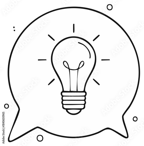 Hand drawn speech bubble containing a bright idea light bulb icon