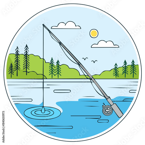 Fishing rod casting into a tranquil lake with forest, sky, sun, and birds. Nature illustration.