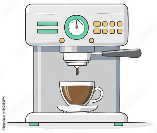 Illustration of espresso machine dispensing coffee into glass cup, coffee break concept, brewing beverage at home