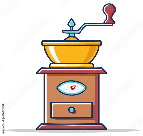 Classic Manual Coffee Grinder Illustration with Hand Crank for Fresh Beans