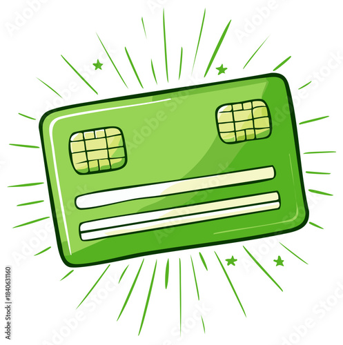 Green Credit Card Icon with Rays and Stars, Payment Method Cartoon Vector Illustration