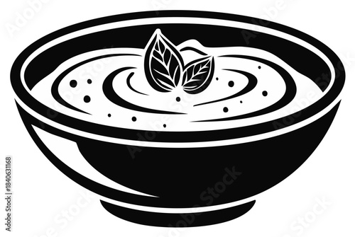 Black and white illustration of creamy soup with basil leaves garnish, vector graphics.