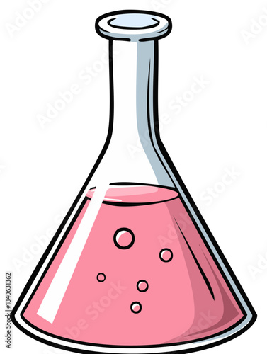 Cartoon science laboratory flask with pink liquid and bubbles