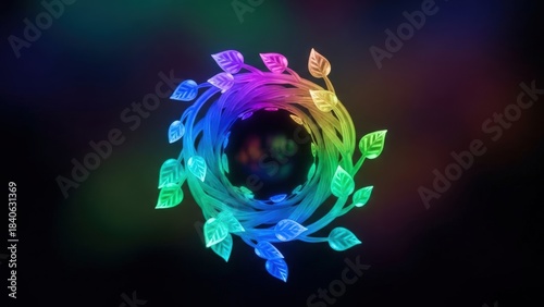 Vibrant swirling energy with glowing leaves forming a colorful organic vortex