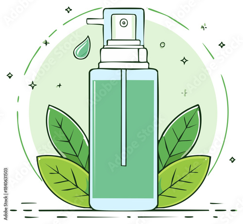 Green Liquid Dispenser with Pump and Decorative Leaves, Clean Beauty