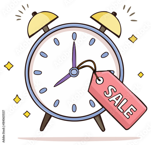 Alarm clock with sale tag illustration for promotions and discounts