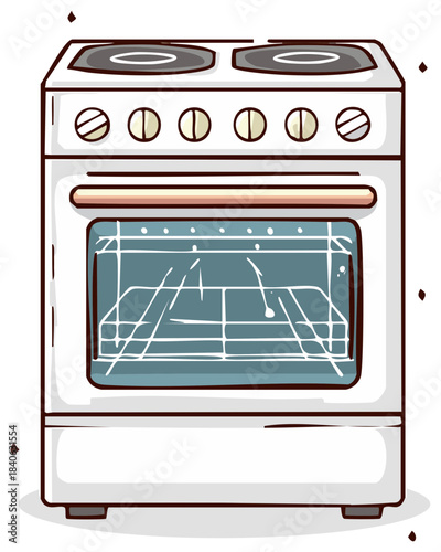 Cartoon illustration of a white freestanding electric kitchen stove with knobs and oven racks