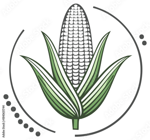 Stylized Corn Ear with Green Leaves and Circular Geometric Design