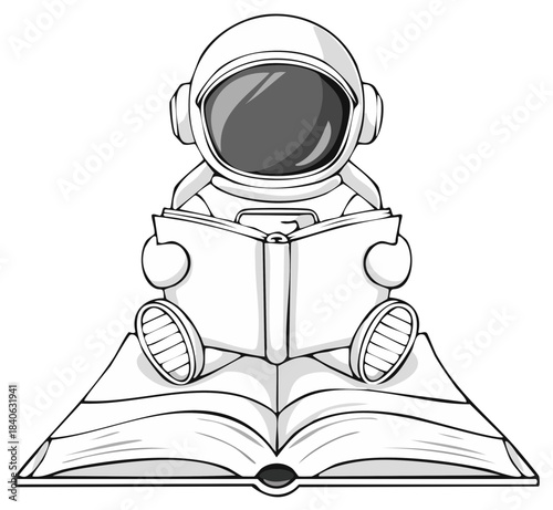 Cute cartoon astronaut sitting on an open book reading another, symbolizing education and knowledge