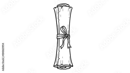 Minimalist line art of a rolled parchment scroll tied with string (vector outline illustration)