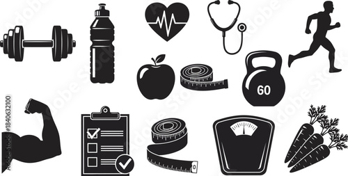 Healthy lifestyle icons depicting fitness nutrition and wellness in black silhouette