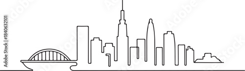 Continuous Line Art of Ho Chi Minh City Skyline Riverfront Minimal Outline Illustration