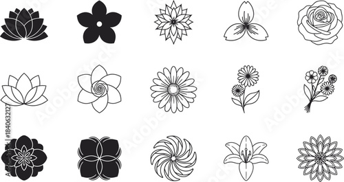 Collection of delicate black and white floral illustrations in a variety of styles