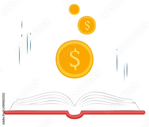 Open Book with Falling Dollar Coins Illustrating Financial Knowledge and Wealth