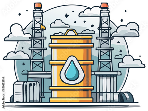 Vector illustration of an oil refinery with a large fuel barrel and industrial towers