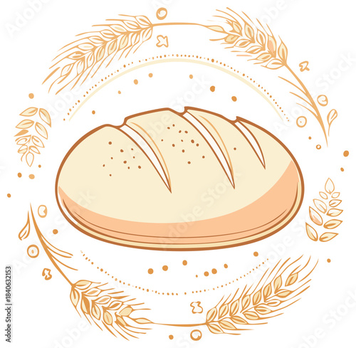 Loaf of Bread Surrounded by Wheat Vector Graphic Design Illustration