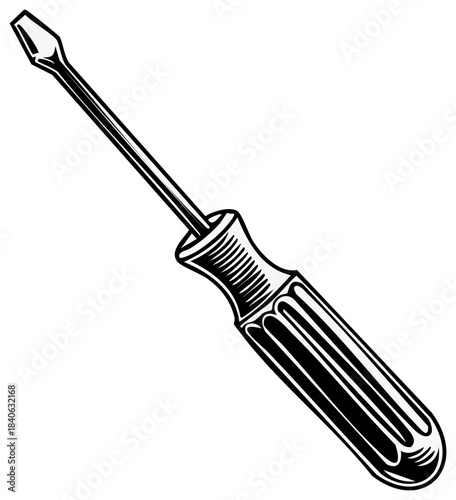 Flathead Screwdriver Illustration Repair Tool Black and White Style Construction Equipment