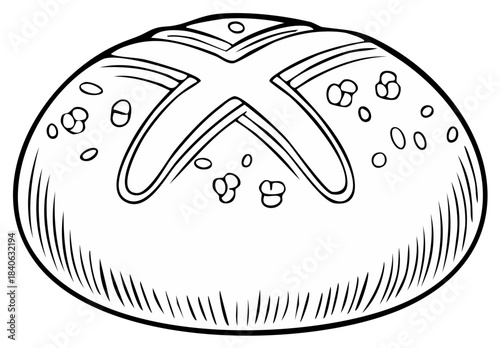 Hand Drawn Round Bread Loaf with Crisscross Scoring and Air Pockets Outline