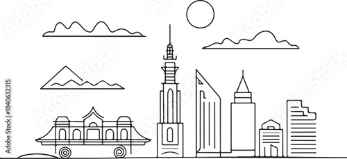 Continuous Line Art of Ho Chi Minh City Skyline with Landmark Eighty One Minimal Outline Illustration