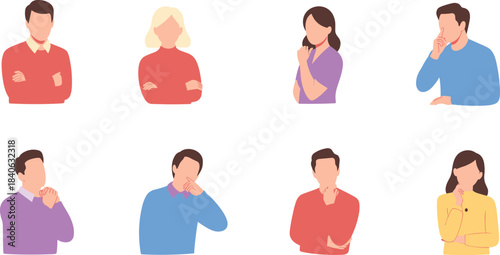 Flat minimalist illustration of diverse people expressing various emotions and thoughtful poses, modern faceless character collection for design concepts