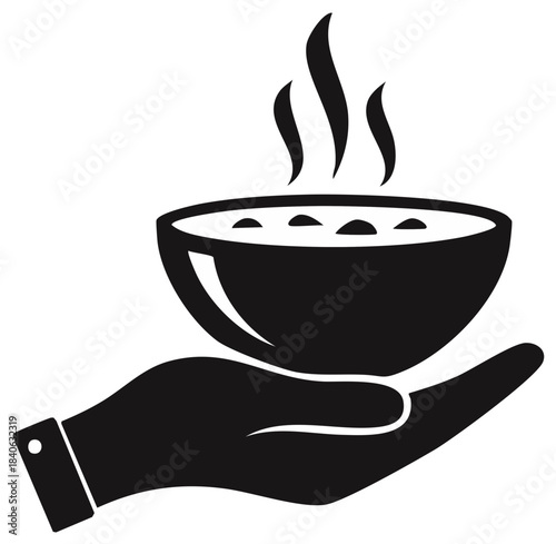 Warm food bowl in hand icon silhouette. Soup or broth steaming in a bowl icon