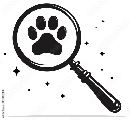 Magnifying Glass Over Paw Print with Sparkles