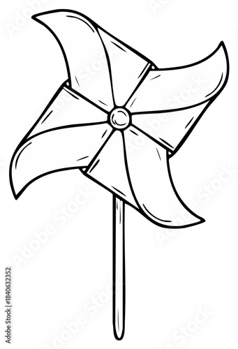 Hand drawn pinwheel illustration in black and white, a classic childhood toy representing wind, summer, and play