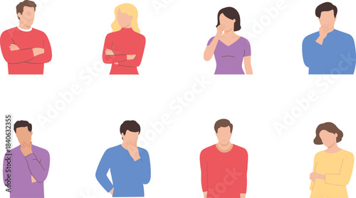 Flat minimalist illustration of diverse people expressing various emotions and thoughtful poses, modern faceless character collection for design concepts