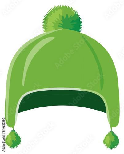 Vector illustration of a green winter hat with ear flaps and pom-poms