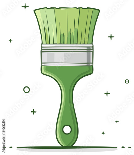 Green paintbrush with bristles and handle for creative projects and home improvement