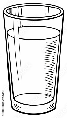 Glass tumbler with liquid, sketched illustration, clear liquid, glass cup