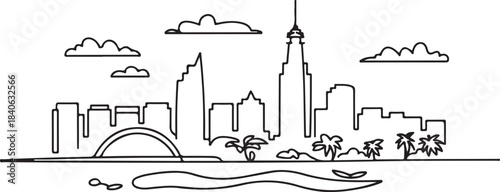 Continuous Line Art of Ho Chi Minh City Skyline with Saigon River Flow Minimal Outline Illustration