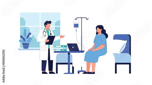 Doctor consulting with patient at desk in modern flat clinic setting. Clean vector illustration for healthcare, diagnosis, medical advice, and professional services